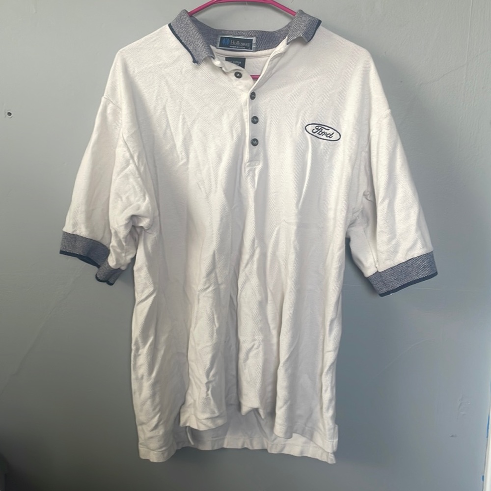 Vintage Holloway Made In The USA Men’s White Blue Large Ford Automobile Polo dad